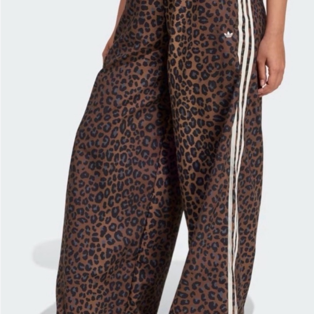 adidas Brown Leopard-Print Wide-Leg Pants with White Stripes